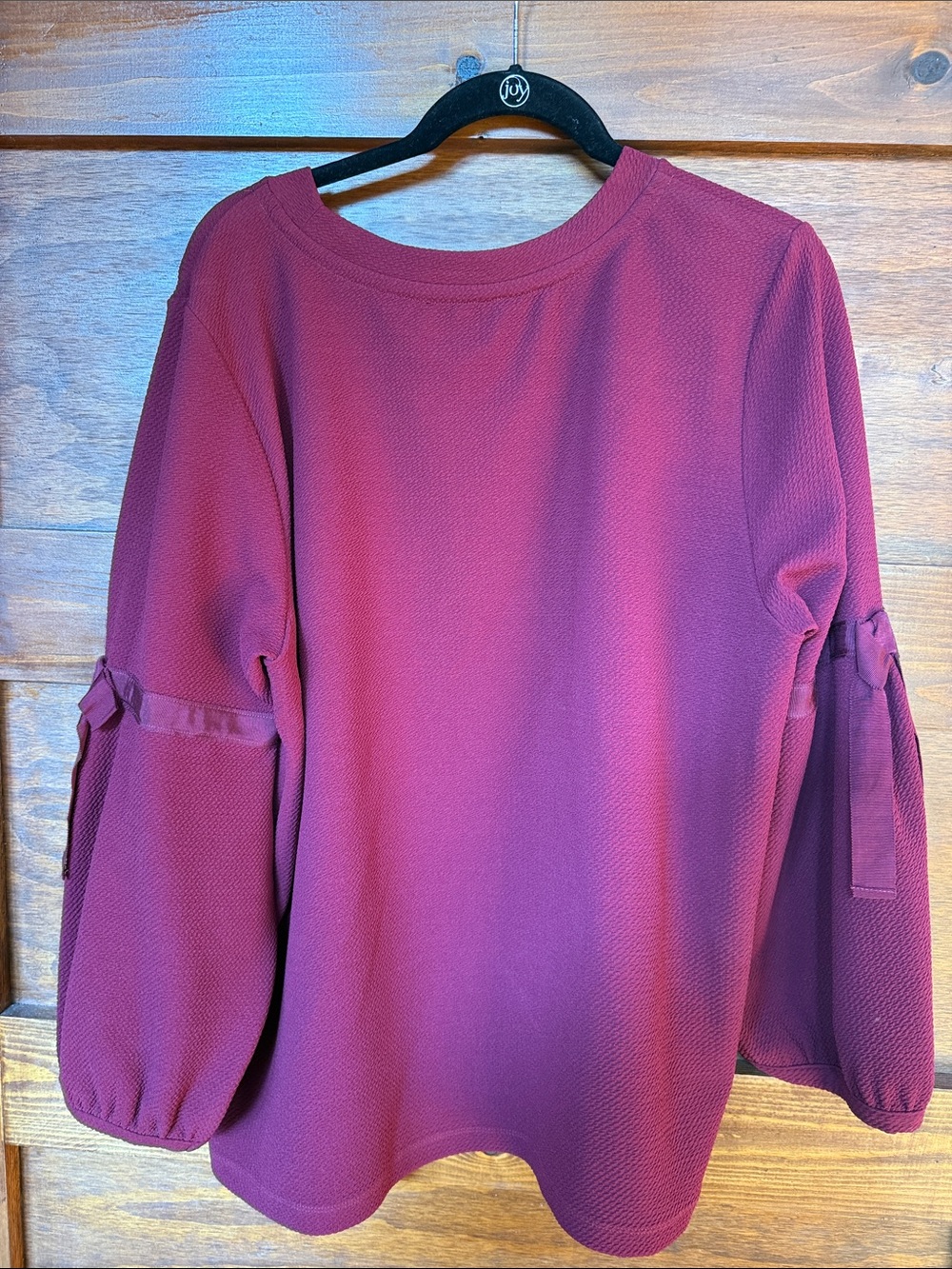 Karl Lagerfeld Burgundy Long Sleeve Crewneck Top with Grosgrain Sleeve Ties - Picture 3 of 5